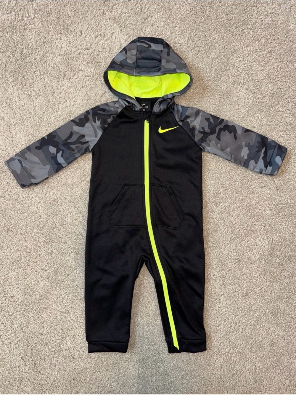 Nike Black One-Piece with Neon Green Trim and Camo Sleeves